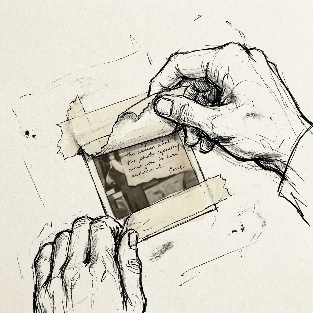 Ink sketch of two hands holding a Polaroid taped to a page, with handwriting running across the photograph.